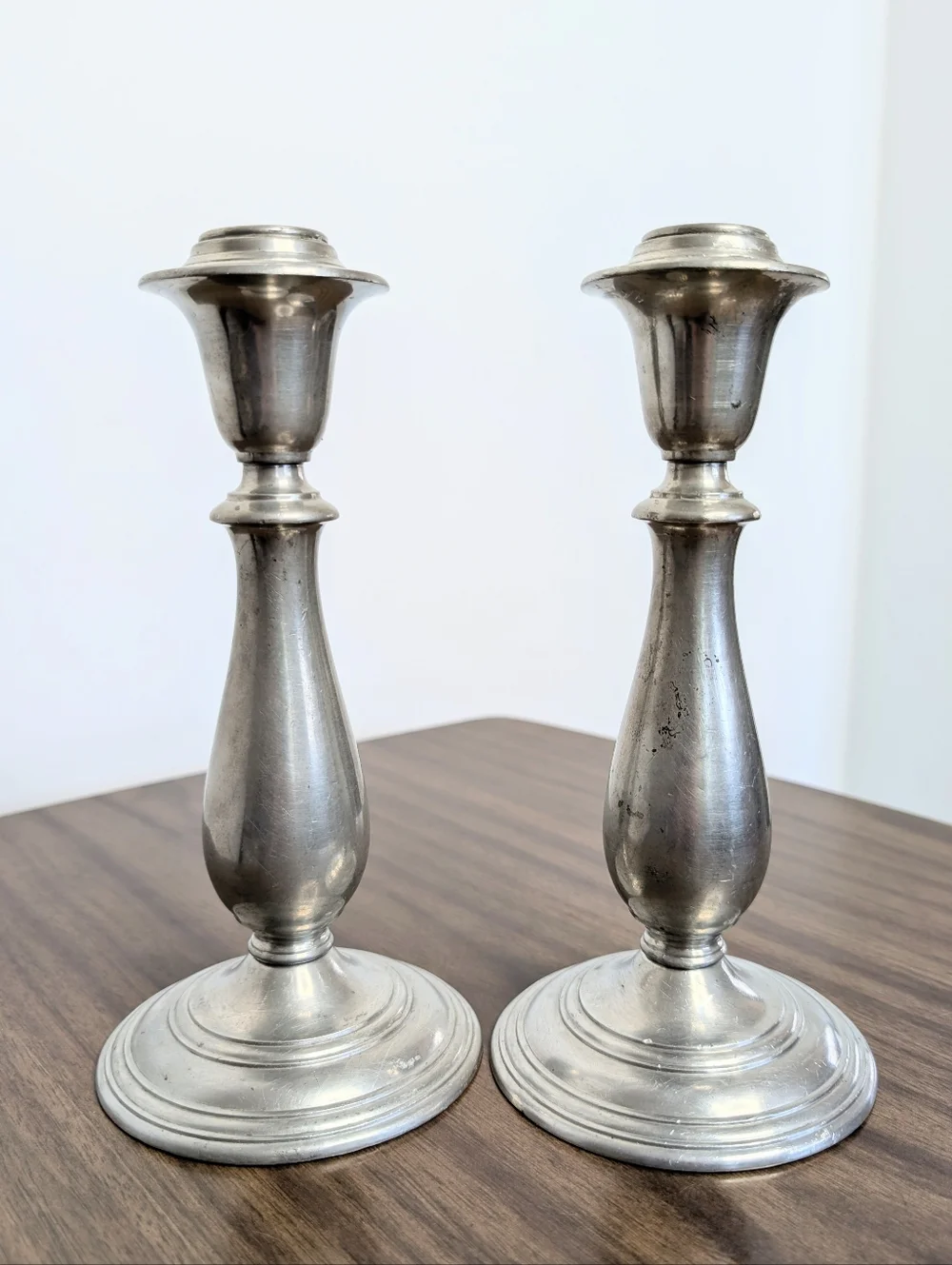 Pair Of Vintage Spindle Silver Tone Mayflower Pewter Tall Candlestick Holders